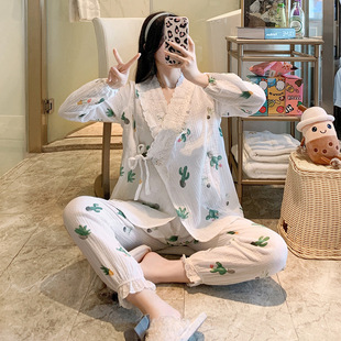 Летнее японское хлопковое марлевое кимоно для беременных, послеродовая пижама для кормящих грудью, комплект, осеннее