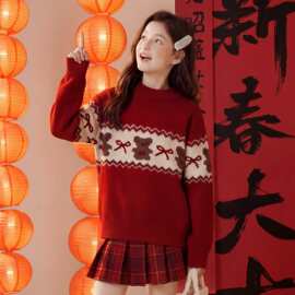2026新款秋冬季女童针织套装圣诞风小熊加厚毛衣儿童新年保暖套装