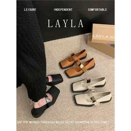 黑色玛丽珍鞋女鞋2025年春秋新款低跟方头浅口一字带小众气质单鞋