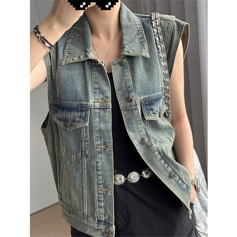 MY Texas Denim Vest Vintage Street Leather Label Loose Sleeveless Jacket Coat
