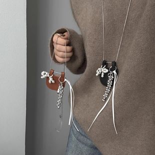 Niche Design Sense Leather Small Bag Pearl Bow Necklace Long Woolen Chain Distinctive Ins Bag Hanging Accessories for Women