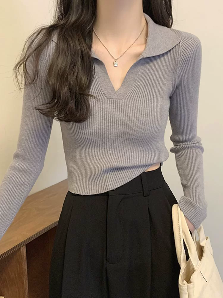 Женский вязаный свитер в рубчик Pure Desire с V-образным вырезом, короткий топ с воротником-поло Slim Fit для весны и осени.