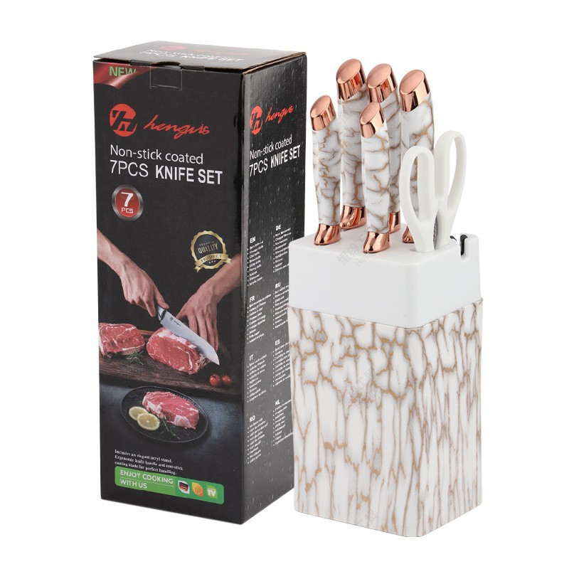 Cuchillo de cocina con recubrimiento antiadherente transfronterizo lujoso de oro rosa mármol de siete piezas conjunto de cuchillo de cocinero combinación de regalo