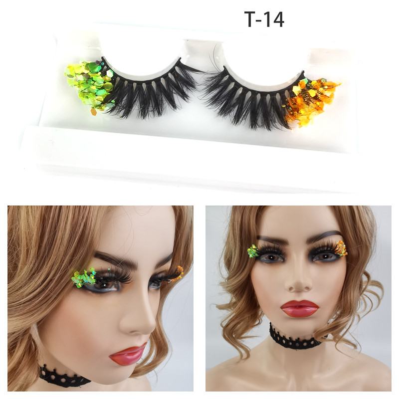 Color ojo de gato 3D pestañas postizas maquillaje de escenario natural cola de ojo brillo lentejuelas fluorescentes gruesas pestañas europeas y americanas exageradas