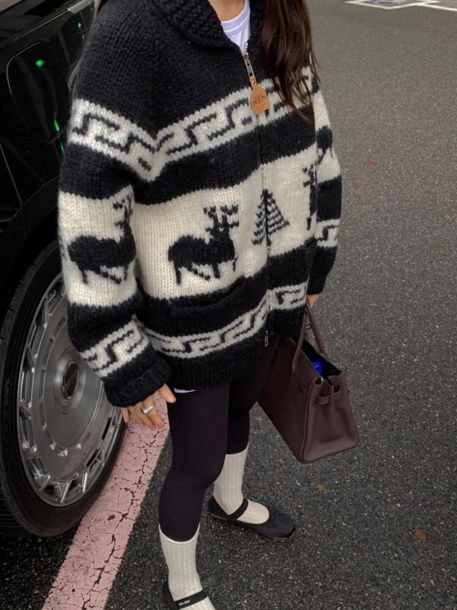 Corea del año 2024 otoño invierno nuevo estilo de Navidad industria pesada jacquard cardigán jersey abrigo perezoso mujer image 5