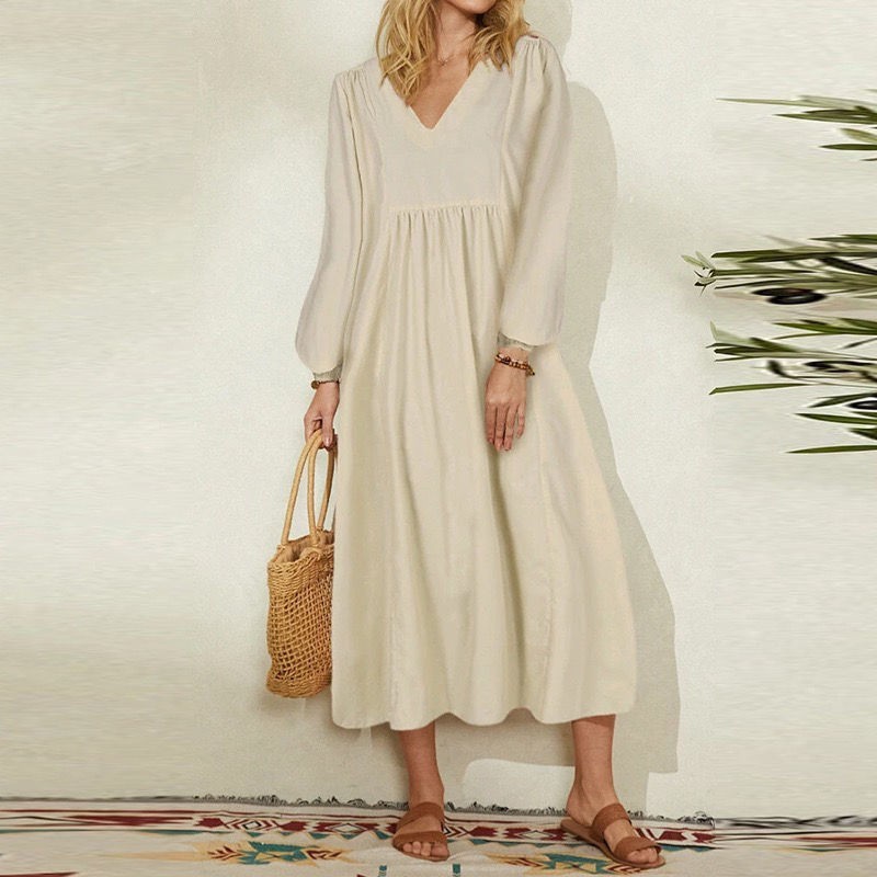 Women's Casual Cotton Linen Dress Loose Oversized Lantern Sleeves Vintage European American Daily Wear_ecoleips.com