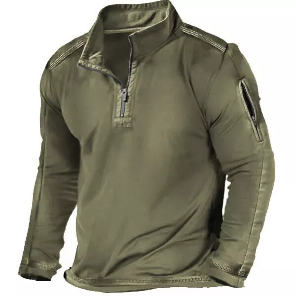 Spring and Autumn foreign trade plus size men's outdoor zipper pocket half zipper collar tactical long-sleeved T-shirt casual sweater