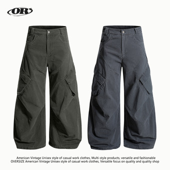 OREETA丨美式复古弯刀阔腿工装裤男女款潮牌中性风廓形休闲香蕉裤