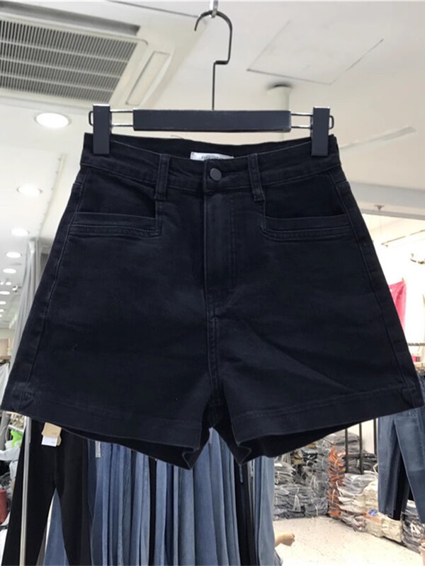 洋ナシ体型女性用黒デニムショートパンツ夏薄い大きいサイズ少し太いmmハイウエスト痩身Aラインワイドレッグホットパンツ|undefined