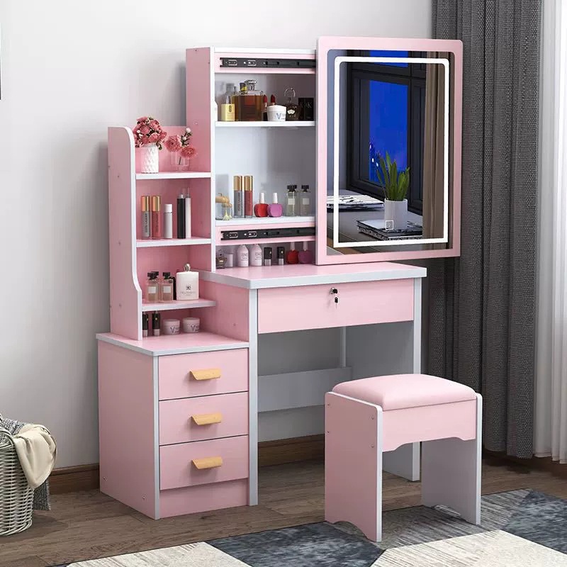 Tocador para apartamentos pequeños, montaje moderno y sencillo, espejo deslizante para dormitorio de princesa, mesa de maquillaje con panel de almacenamiento creativo.