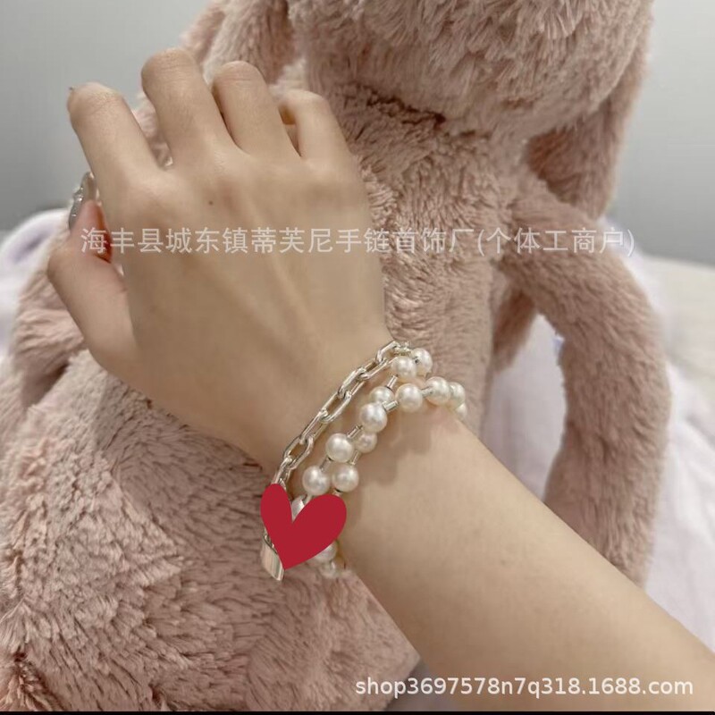 T's High Version V Gold Double-Layer Pearl Lock Double-Ring Bracelet Plated with 18K Gold Necklace for Men and Women Fashionable Clavicle Chain