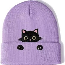秋冬线帽新款小猫刺绣毛线帽帽子护耳针织帽男女冷帽百搭保暖帽子