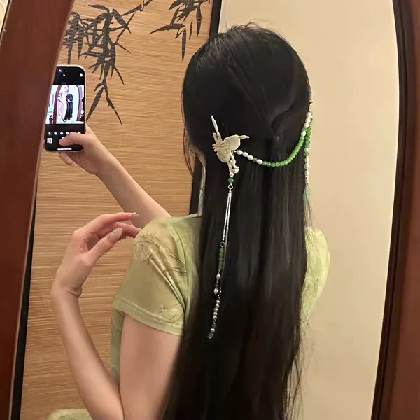 2026 New Model "Green Butterfly" New Chinese Style Butterfly Pearl Tassel Hair Chain for Women, Ancient Style Hair Chain, Cheongsam Hair Accessory