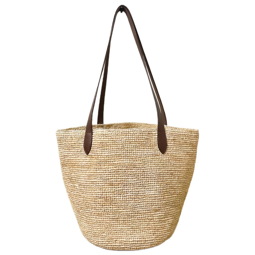 Niche Design Vacation Style Raffia Cowhide Shoulder Bucket Bag For Women, New Summer Large Capacity Casual Handbag - Thumbnail 4