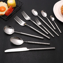 亚马逊高档加厚锤纹304不锈钢餐具刀叉勺酒店西餐具牛排刀叉圆勺