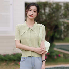 绿色正肩短袖女士T恤夏季气质新款设计感修身打底内搭针织衫上衣