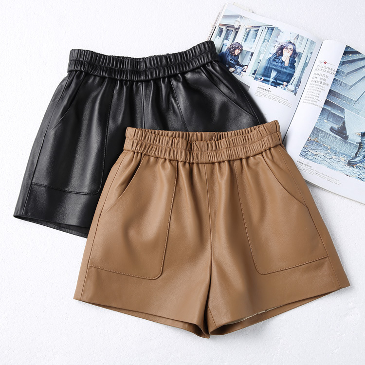 【明星同款】真皮绵羊皮短裤高腰裤女海宁松紧腰显瘦阔腿热裤子新