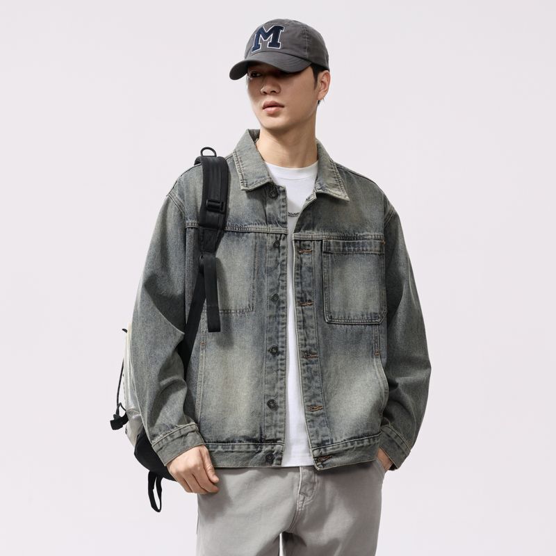 American Retro Light-Colored Gradient Denim Jacket for Men, New Spring and Autumn Style, Vintage Washed Loose Workwear Jacket, Trendy