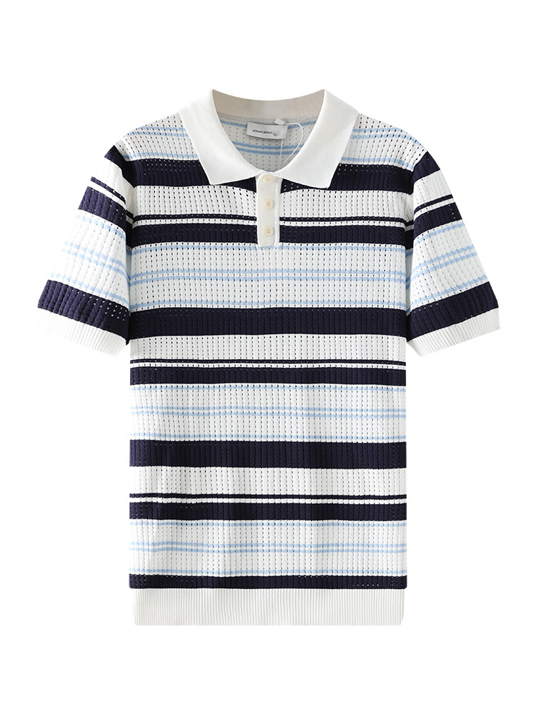 Polo de hielo de punto para hombres, rayas de contraste huecas transpirables, mangas cortas, ligeras, comerciales, casuales, alto nivel, Paul para hombres