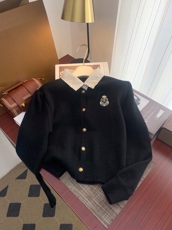 2025春秋新款假两件polo领开衫毛衣开衫女学院风百搭针织打底上衣|undefined