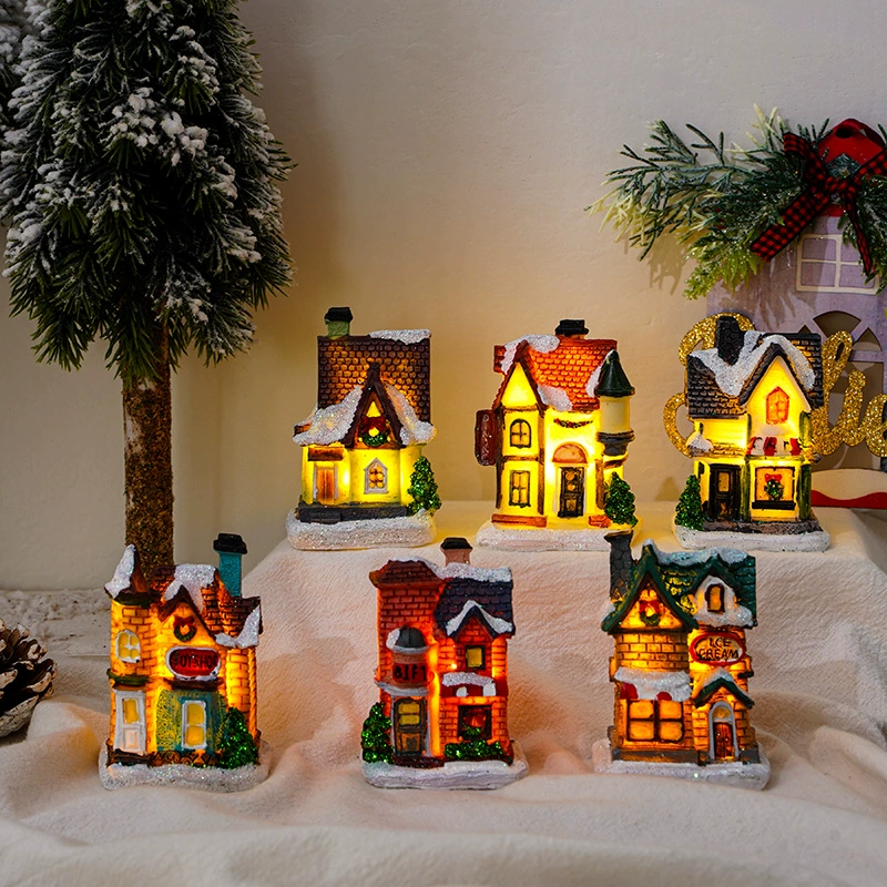 Miniature resin house decorations, micro landscape LED models, battery‑powered, assorted sizes 7–10 cm