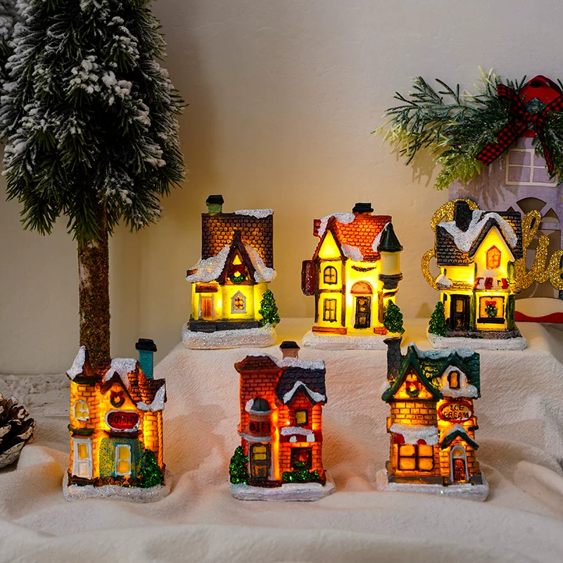 Miniature resin house decorations, micro landscape LED models, battery‑powered, assorted sizes 7–10 cm