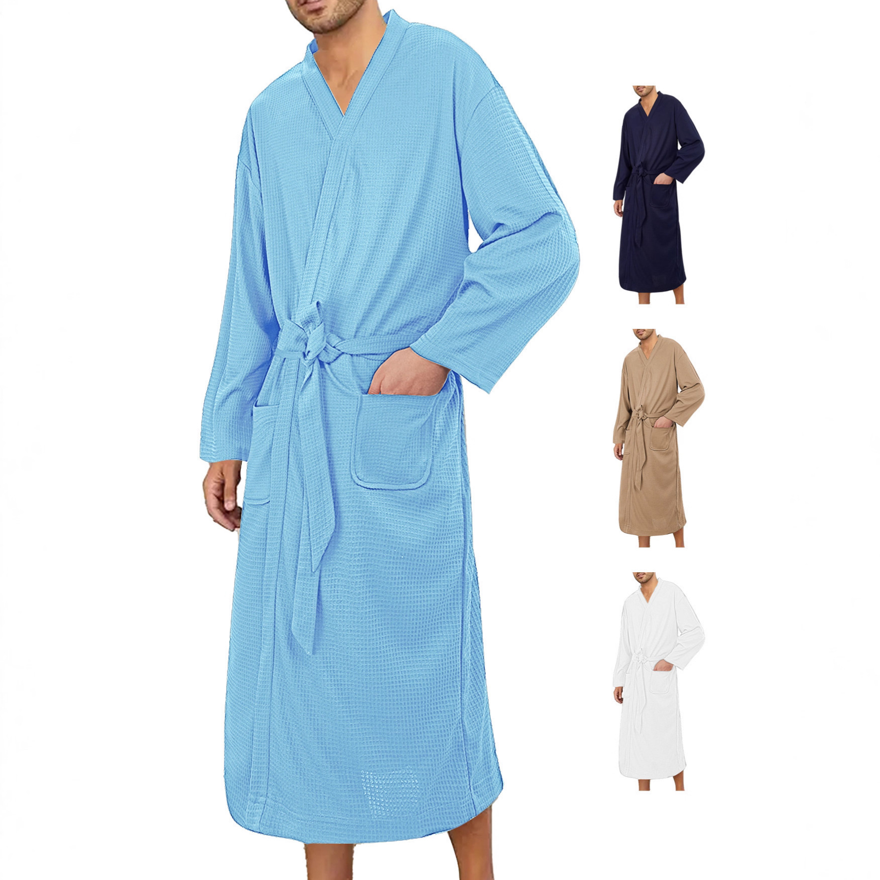 Waffle Weave Bathrobe For Men & Women – Lightweight Spa Robe With Pockets (S/M/L, Blue/Navy/Black/White, Quick-Dry Polyester, Hotel-Style Luxury)_voghion.com