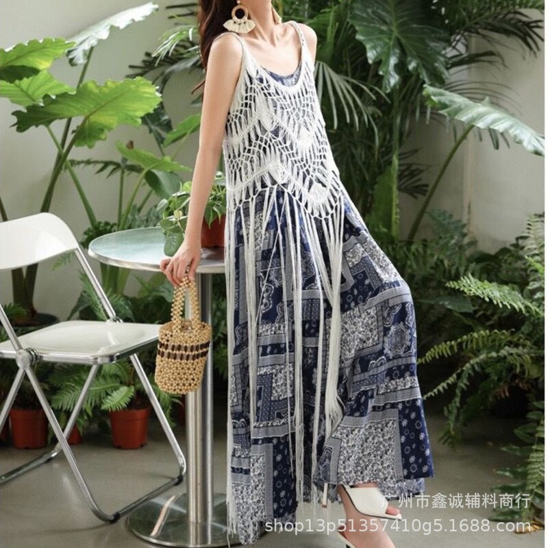 Spring new fashion design handmade crocheted tassel bohemian style camisole mid-length dress women