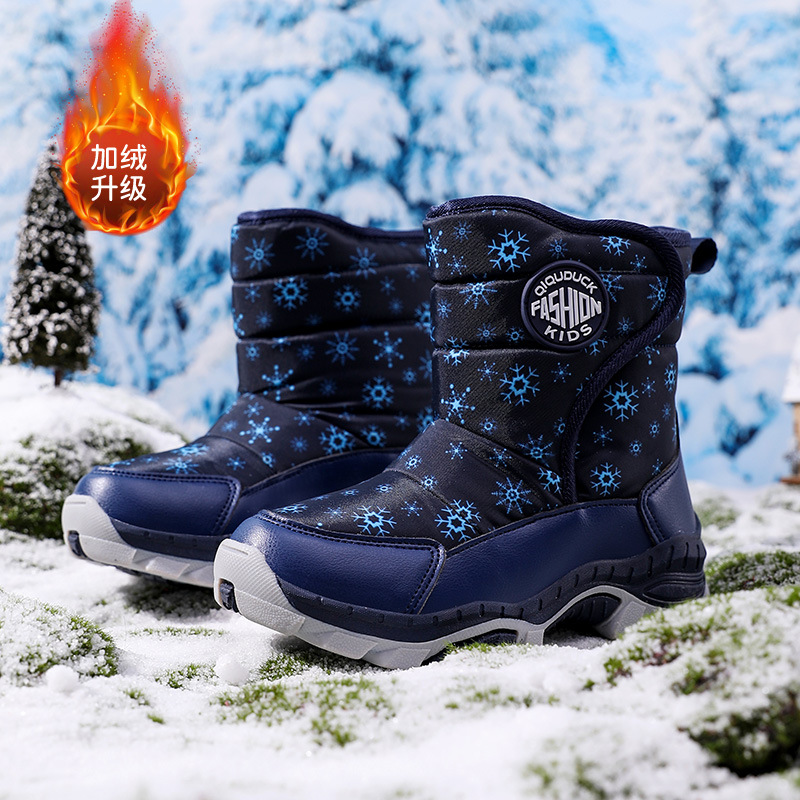 Winter Boys' Snow Boots Trendy Waterproof Children's Cotton Shoes Thickened Steel Claw Buckle Non-Slip Cotton Shoes Elementary School High-Top Boots