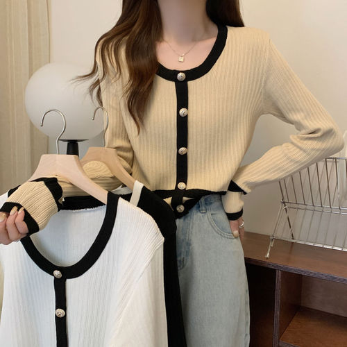 Knitted shirt women's spring new style niche contrasting color chanel style long-sleeved slimming retro all-matching temperament socialite clothes