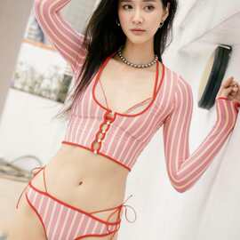绝美泰国条纹比基尼辣妹红色泳衣女套装小胸长袖防晒泳装网红同款