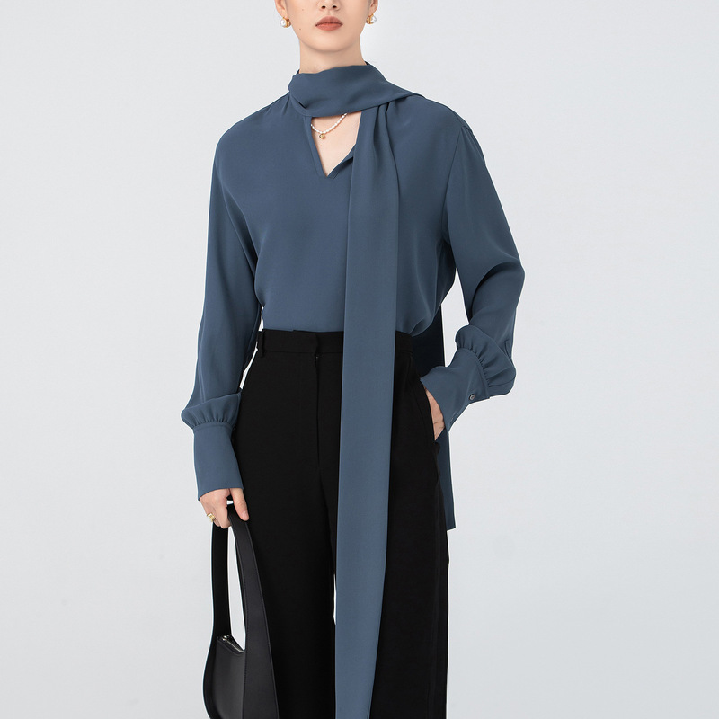 King Fried! Jin Mouth Triacetate Lace-Up Elegant Loose Long Style Inner Black Long-Sleeved Women's Shirt Spring