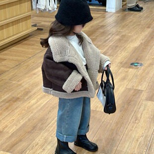 2023 Winter new children's clothing Korean style children's clothing girls' retro one-piece velvet suede coat lamb wool coat