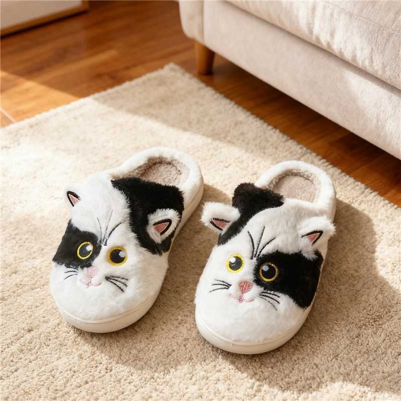 New Autumn and Winter Three-Dimensional Black and White Cat Cotton Slippers, Towel Embroidered Cotton Shoes, Cute Cat Design, Unisex Warm Slippers