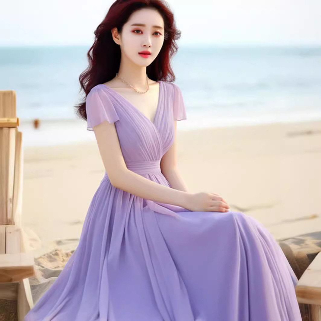 Váy dài thắt eo tay ngắn màu tím thanh lịch nữ tính — Màu tím