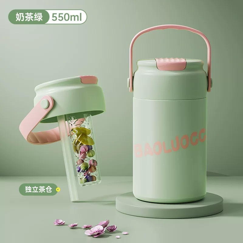 軽豪華油絵高颜値ストローカップ携帯大容量ステンレス保温カップ茶水分離泡カップ携帯|undefined