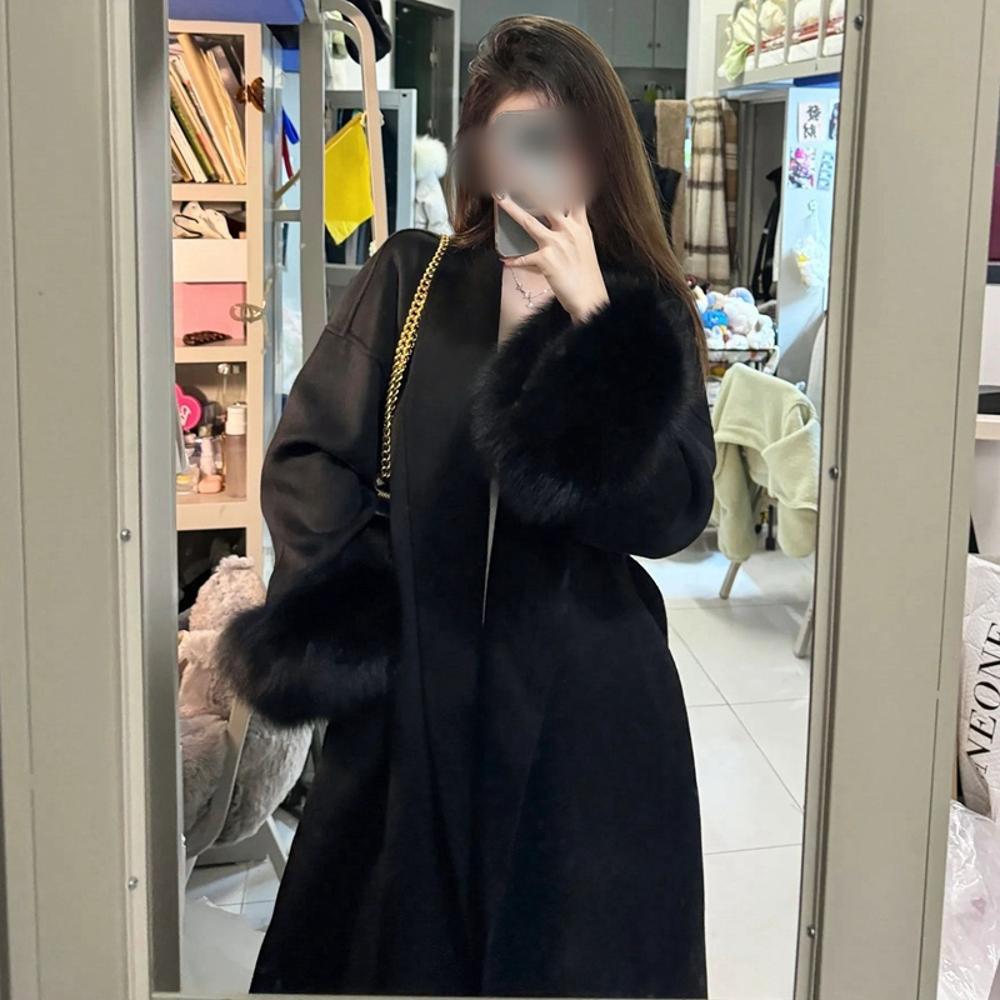 Autumn and Winter New Classy Long Double-Sided Casual Wool Coat Elegant Bathrobe Woolen Outwear Fox Fur Sleeve Jacket