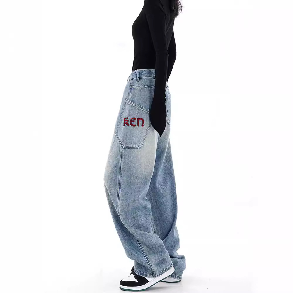 KNN STUDIO Design Letter Embroidered Jeans Women's Large Pocket High Waist Retro Wide Legs Straight Pants