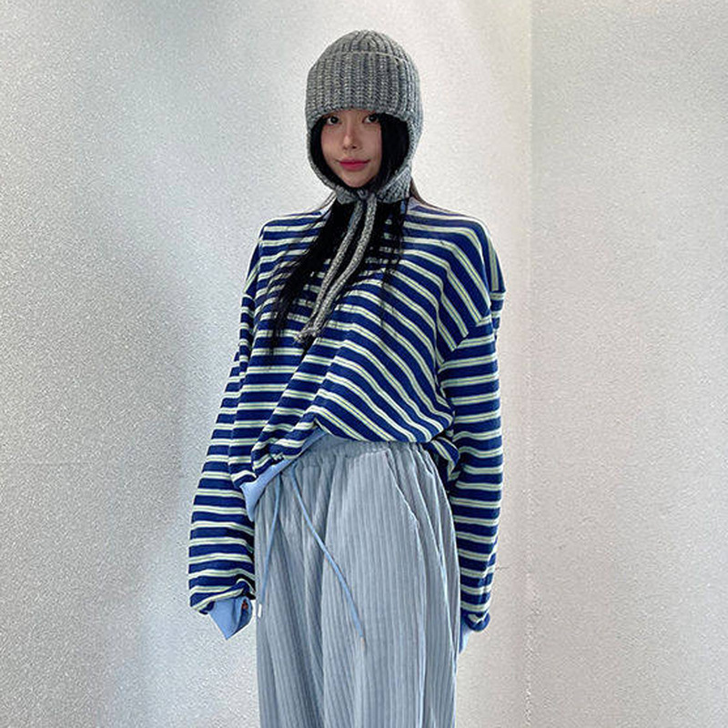 Zhang Ruonan's Same Style Gwin Korean Purchasing Agent's New Spring and Autumn Season Loose Striped Casual Sweatshirt for Women Zhang Ruonan's Same Style Gwin Korean Purchasing Agent's New Spring and Autumn Season Loose Striped Casual Sweatshirt for Women