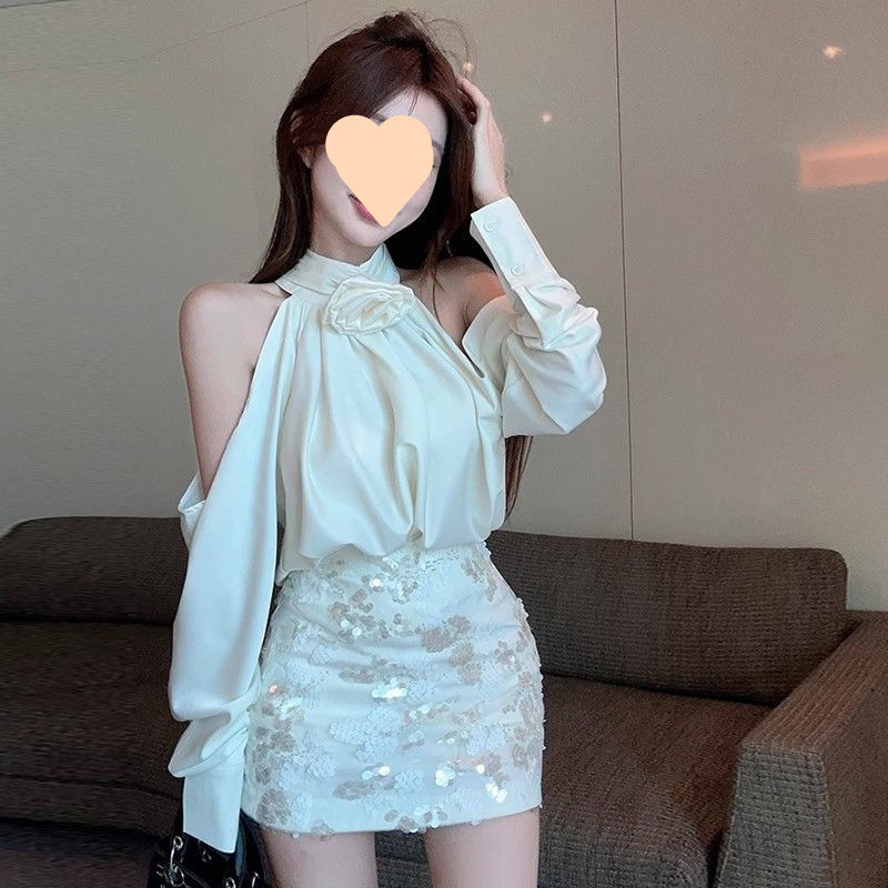 小洋装名媛高端套装辣妹性感露肩衬衫亮片包臀半身裙两件套春秋季