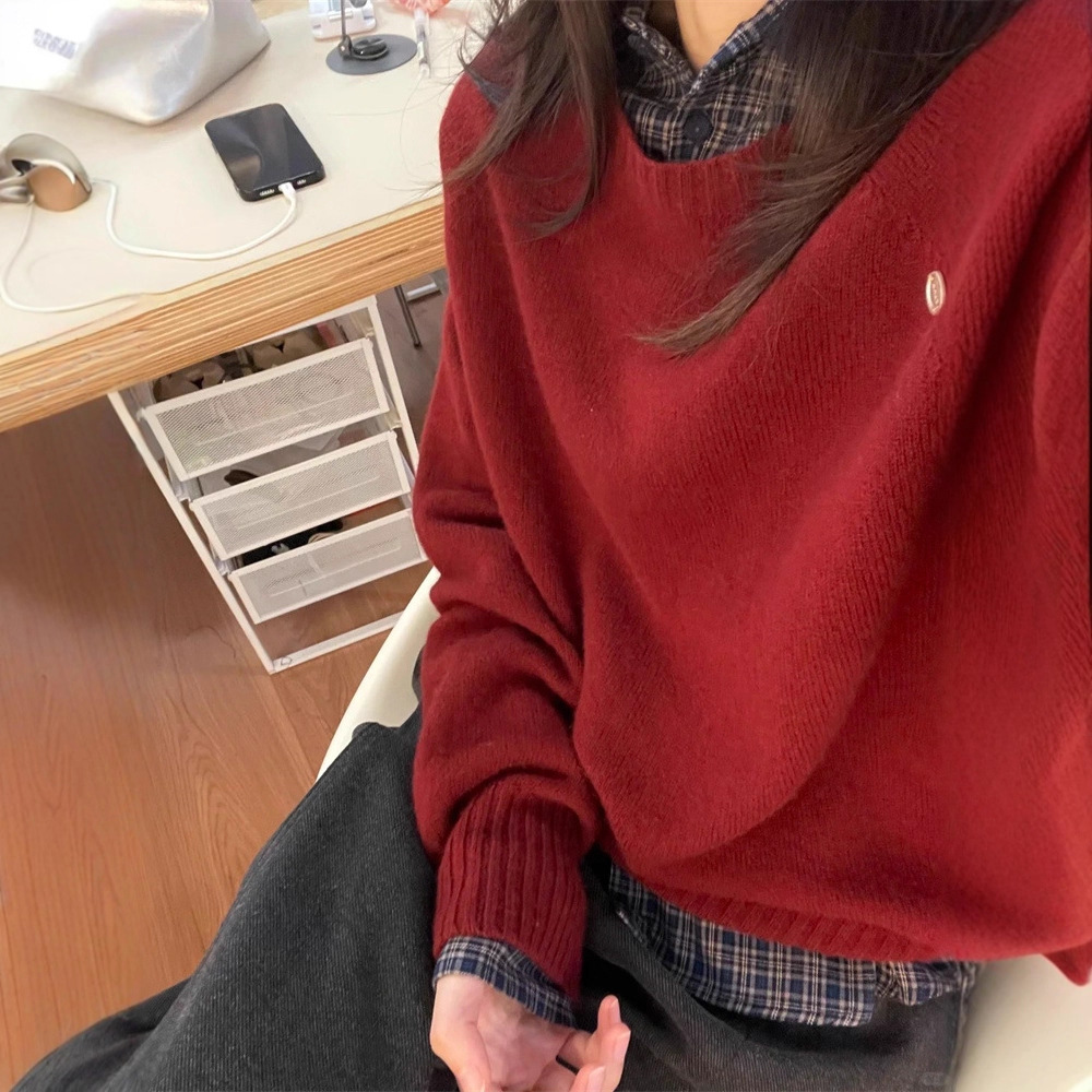 无缝一体纯色羊毛圆领长袖针织衫女秋冬保暖宽松百搭套头毛衣