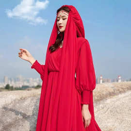 红色连衣裙女沙漠飘逸红裙子茶卡盐湖裙子异域风情胡杨林拍照服装