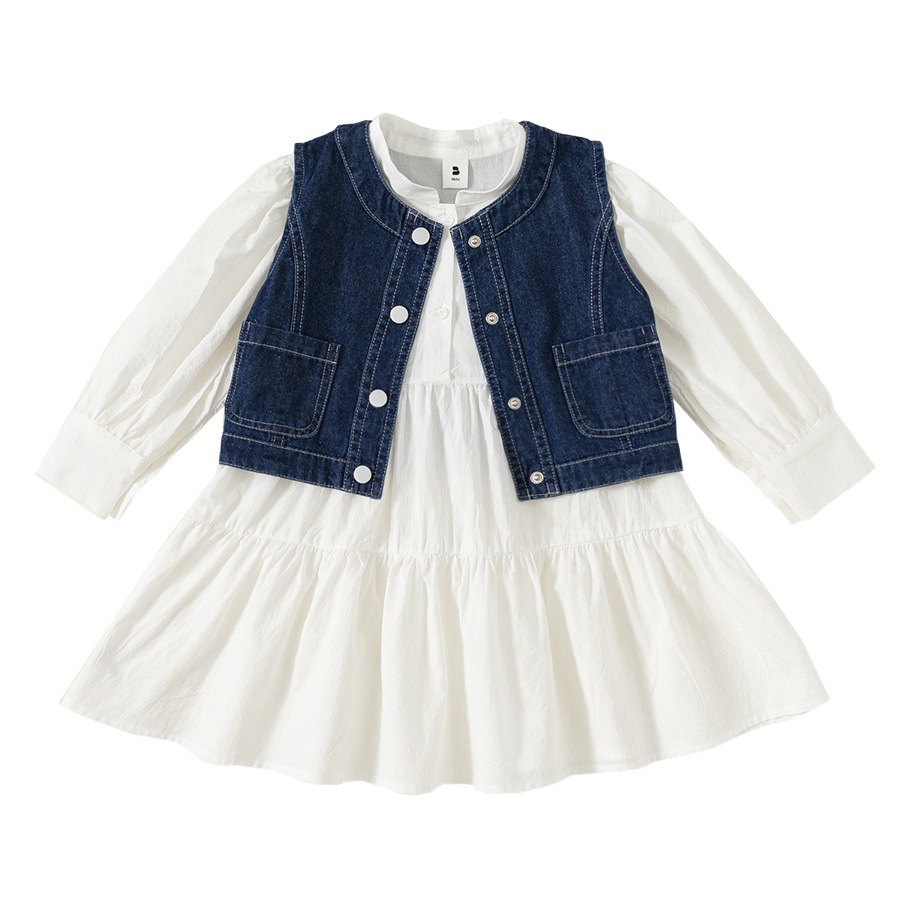 Conjunto de dos piezas para niñas Youbao, estilo coreano, primavera y otoño, vestido de color sólido + chaleco vaquero, modelo QT23003