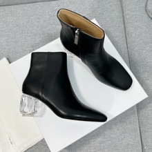 therow新款短靴透明跟粗跟高跟低筒女真皮方頭歐美黑色時裝靴馬丁