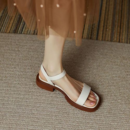 Cooling Sandals for Women - Summer Flat Soft Sole Genuine Leather French Roman Sandals with One Strap Buckle - Wide Size 35-42 Rough Heel