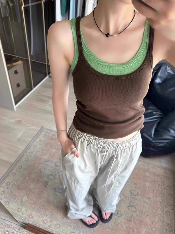 撞色两件套螺纹吊带背心女夏外穿遮副乳修身叠穿内搭打底无袖上衣|undefined