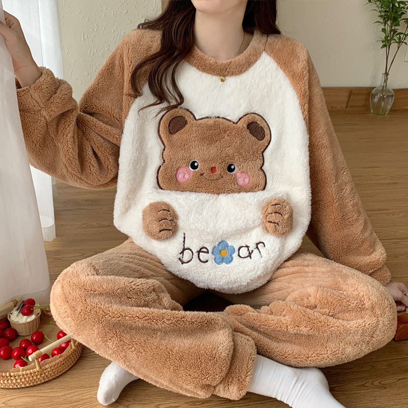 Autumn and Winter New Pajamas Women Cute Cartoon Casual Student Thickened Coral Fleece suit Plus Size Home Clothes