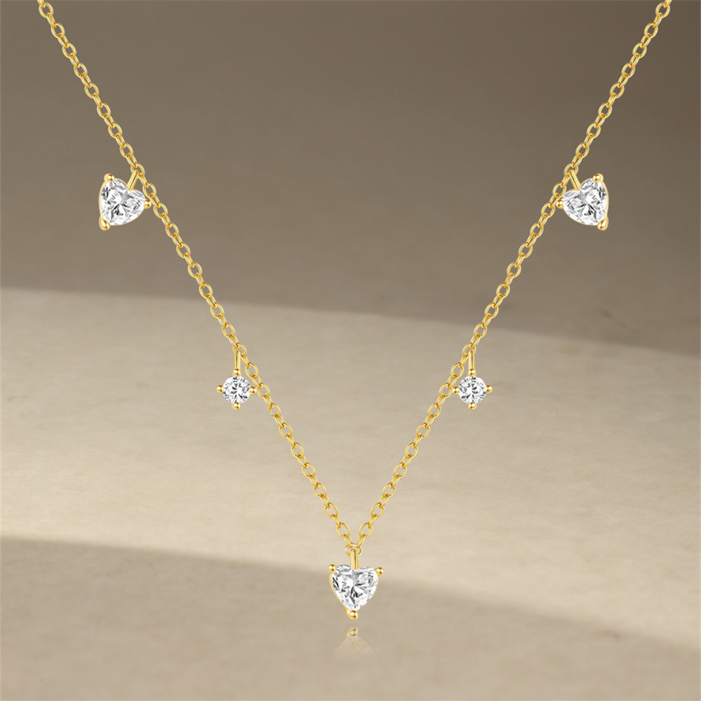 Holiday, Daily Occasion 925 Sterling Silver Zircon Cable Chain Plating Heart Shape Multi Charms Necklace