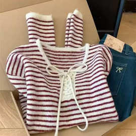 自留款推荐韩系粉色条纹系带蝴蝶结毛衣女秋冬新款宽松套头上衣