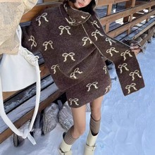 巨好看的冬装新款一整套蝴蝶结毛衣开衫外套针织短裙三件套女套装